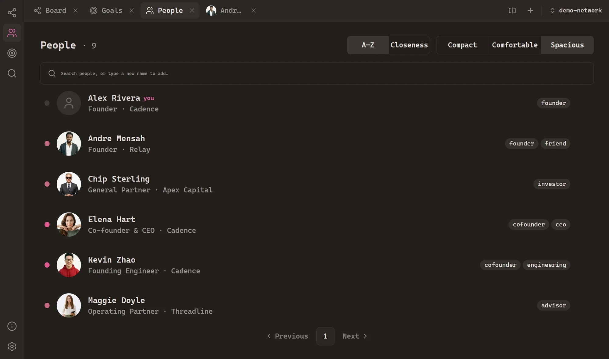 The People view – a searchable, sortable list of everyone in the network with roles, tags, and warmth dots